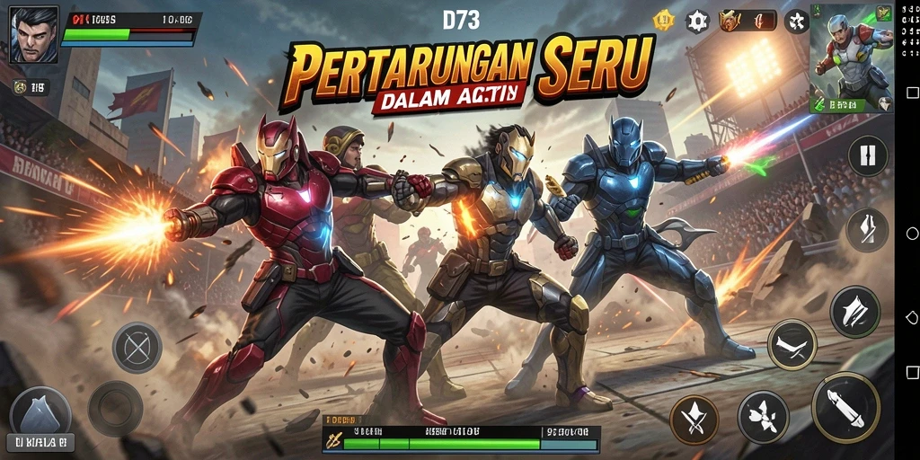 Tangkapan layar gameplay D73 menunjukkan aksi pertempuran yang intens.