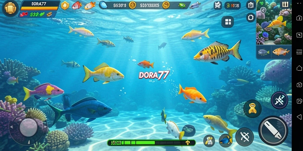 Tampilan gameplay seru DORA77 dengan aksi Tembak Ikan yang menarik.
