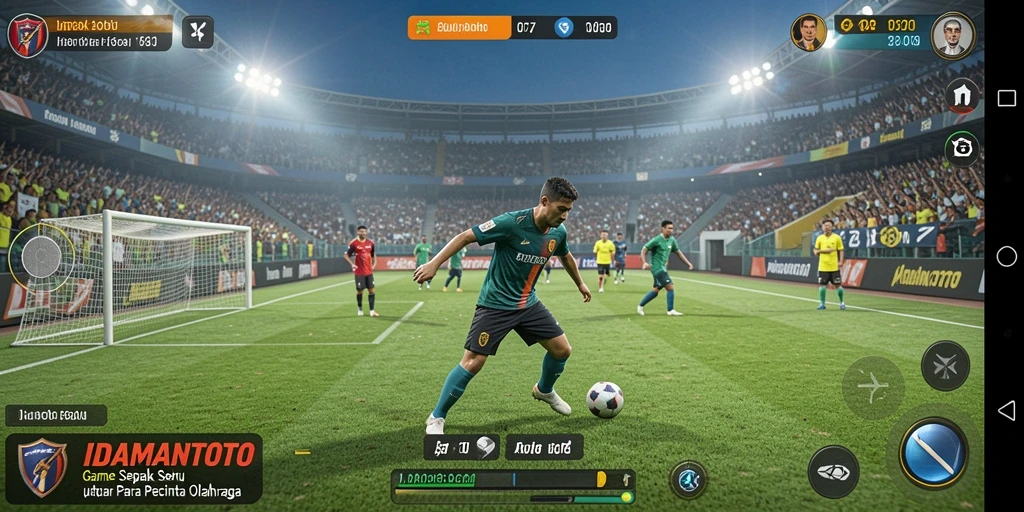Tangkapan layar dari gameplay IDAMANTOTO yang menampilkan aksi sepak bola yang intens.