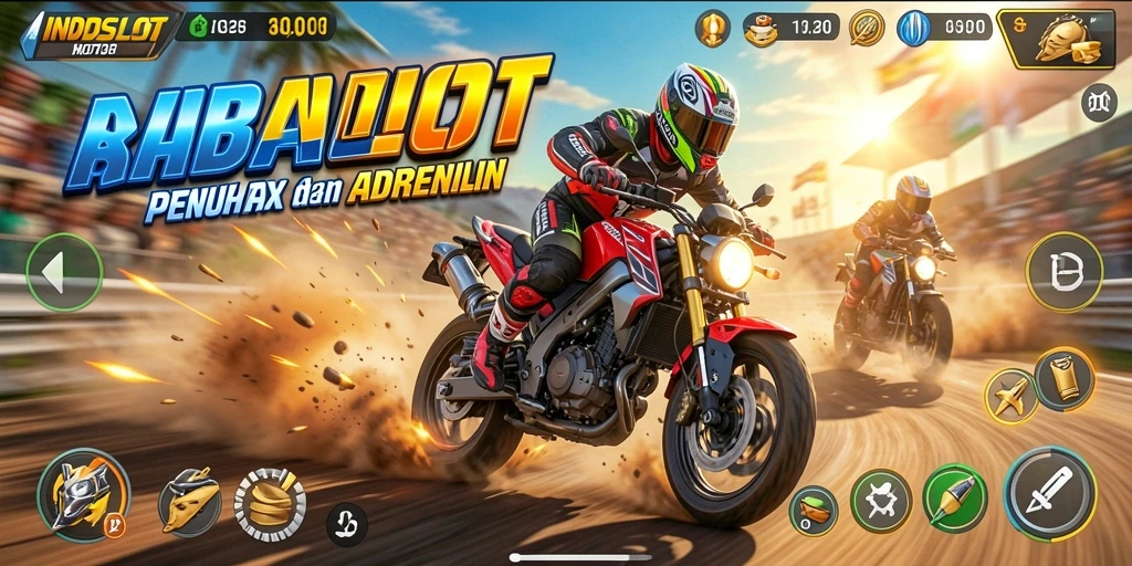 Screenshot gameplay INDSLOT menampilkan aksi balapan motor yang menegangkan.