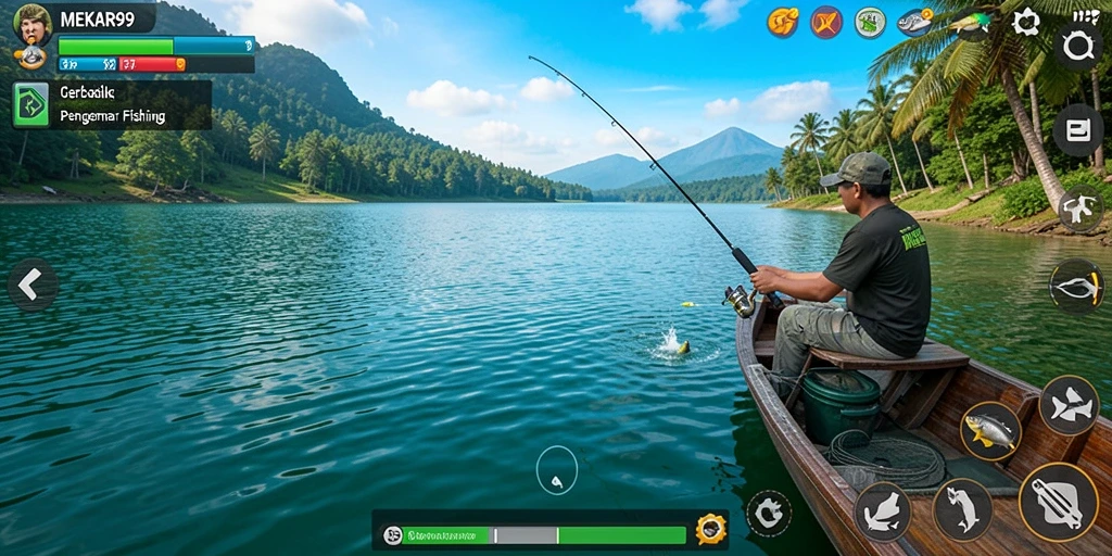 Screenshot gameplay MEKAR99 menampilkan momen memancing yang mendebarkan.
