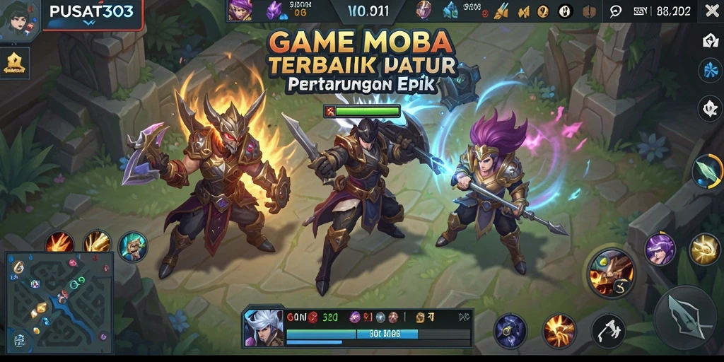 Screenshot PUSAT303 menampilkan pertarungan seru 5 vs 5 dengan karakter yang dinamis.