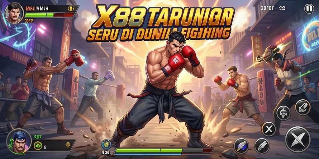 Screenshot X88 menampilkan pertarungan mendebarkan dengan karakter unik.